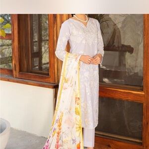 Elegant White Kurta with Floral Dupatta and pants